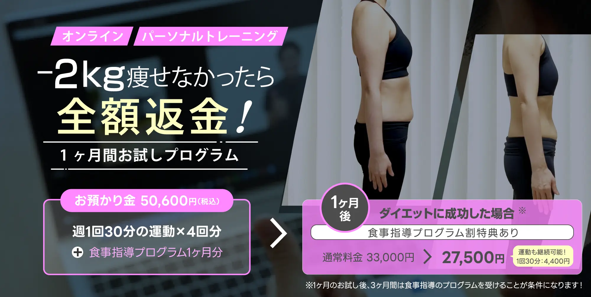１ヶ月でー3kg。総合型スポーツジムと同じ価格帯で自宅でパーソナルトレーニングが受けられる